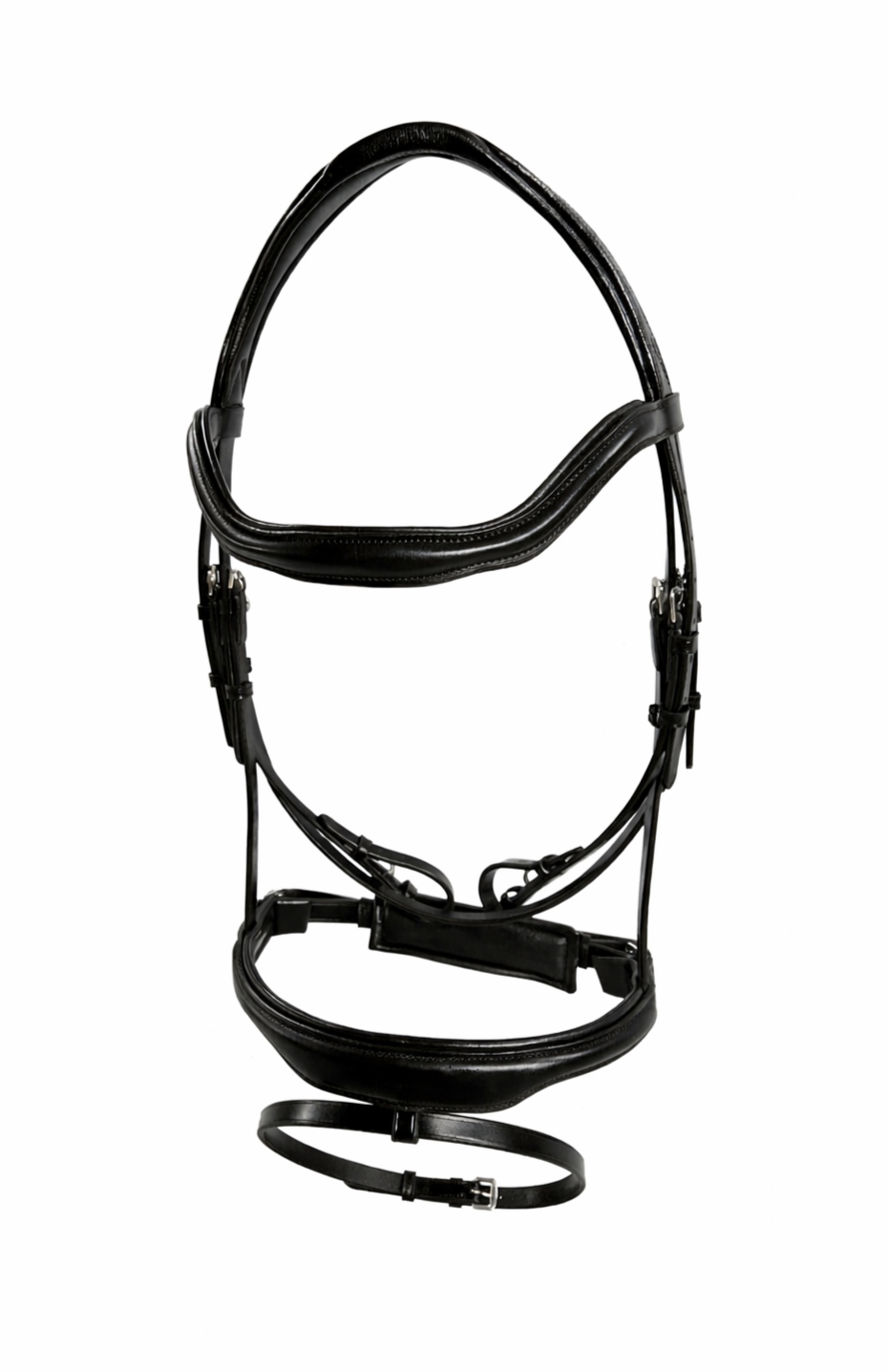 A black leather bridle with a crown piece, browband, and noseband, used for horse riding.