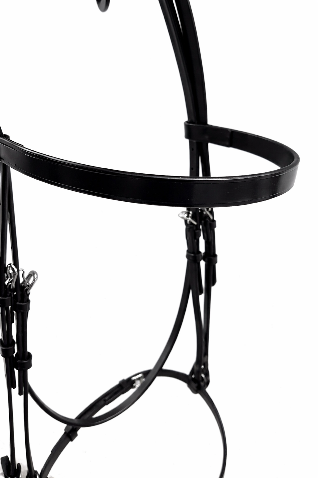 Close-up of a black metal horse halter with hooks and straps, set against a plain white background.