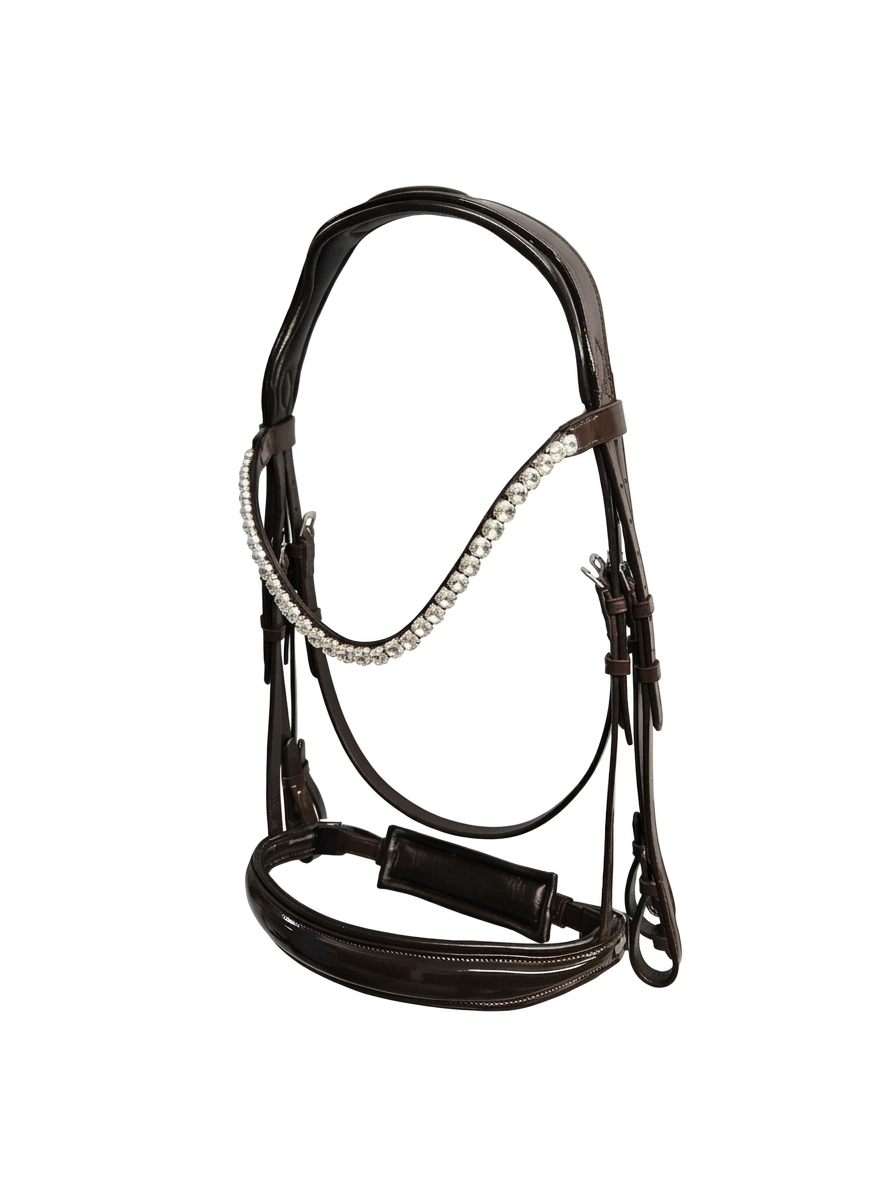 A black horse double bridle with a white crystal, positioned against a white background.