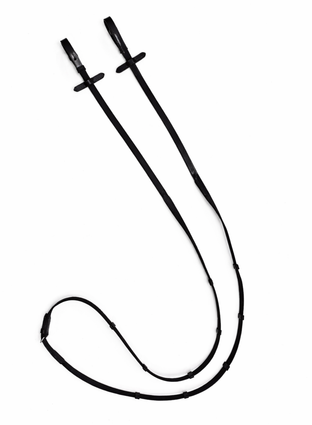 black leather web reins laid out on a white background.