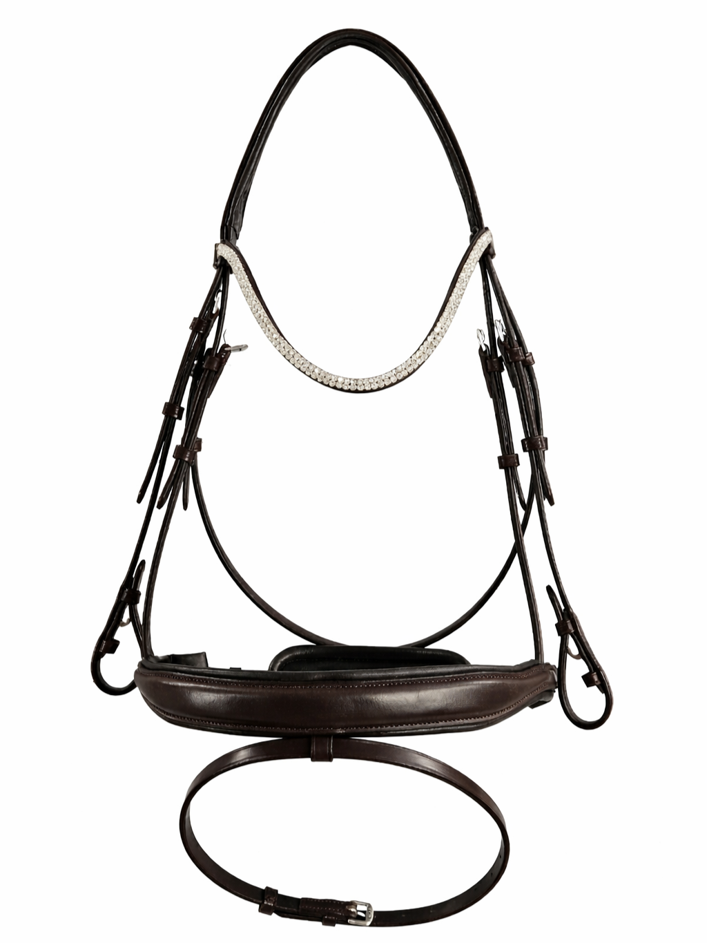 A brown equestrian bridle with a white crystal chain browband on a white background.