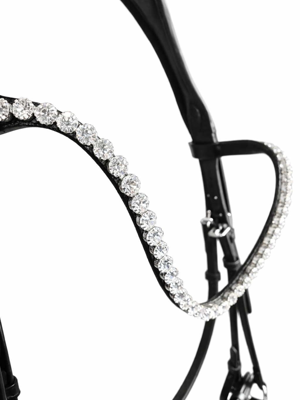 Close-up of black anatomical drop noseband bridle browband with clear crystals