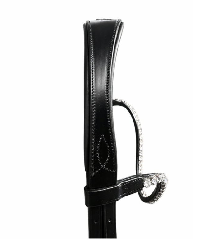 Side detail of black anatomical bridle headpiece