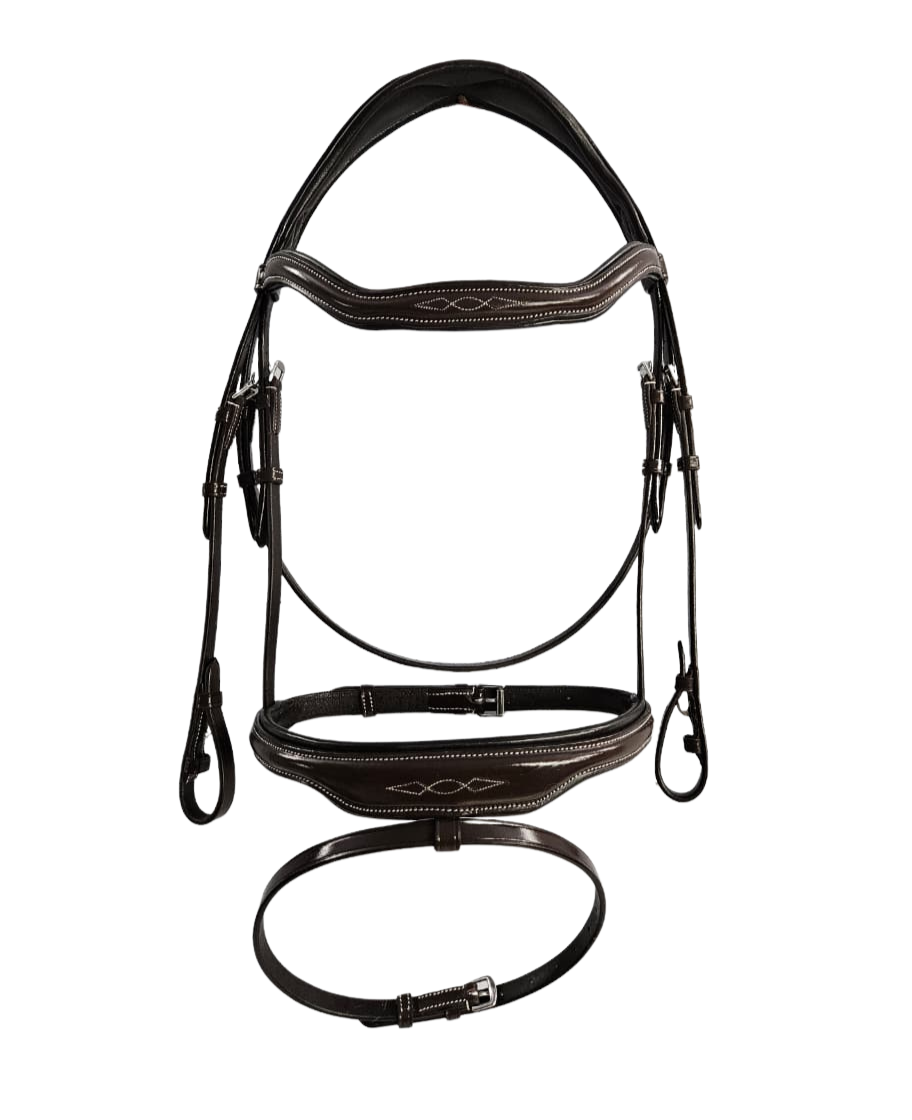 A brown horse contour bridle with fancy stitching on a plain white background.
