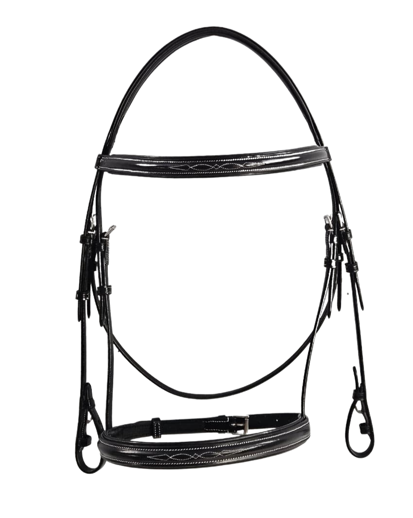 Front view of black fancy stitch english bridle with crystal browband
