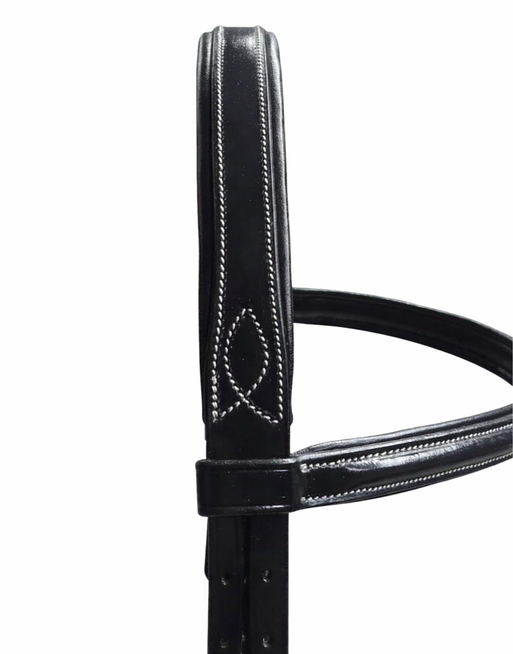 Side detail of black english bridle headpiece