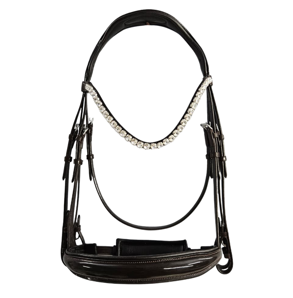 Front view of brown anatomical double bridle with crystal browband
