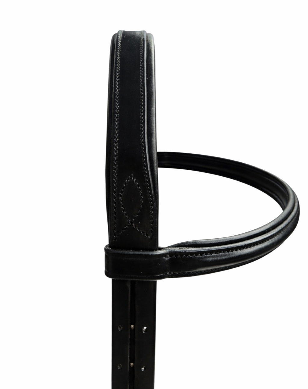 Side detail of black english padded bridle headpiece