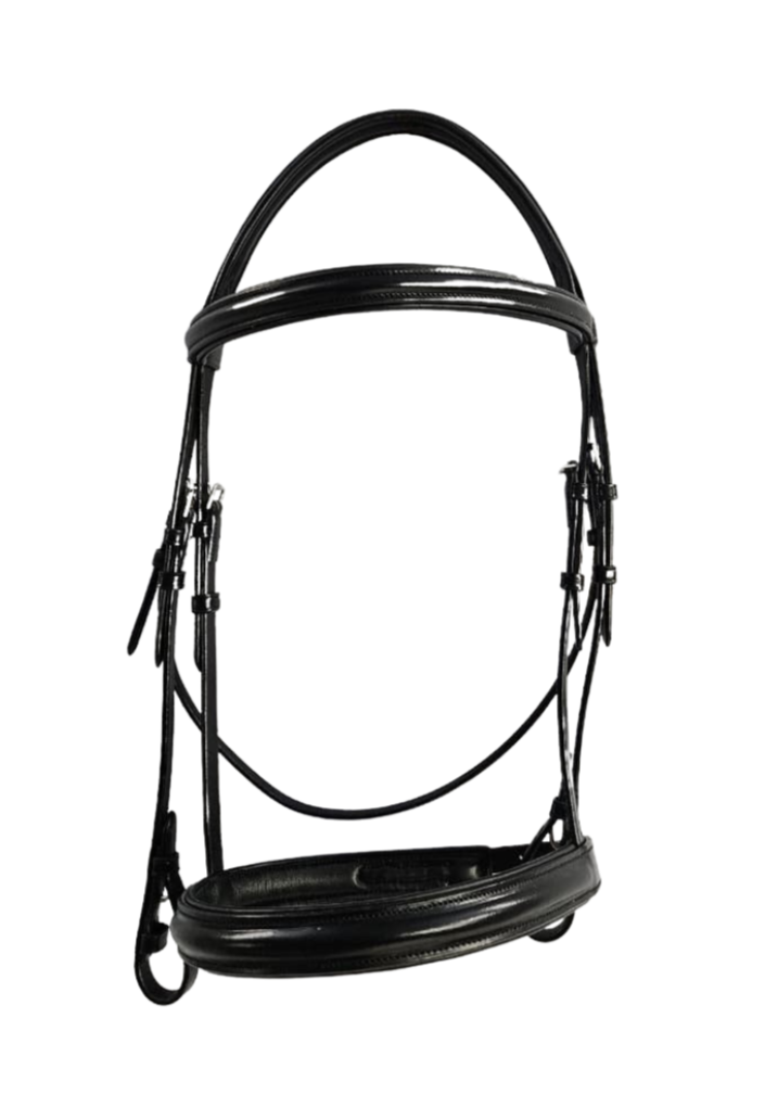 Front view of black padded english bridle 
