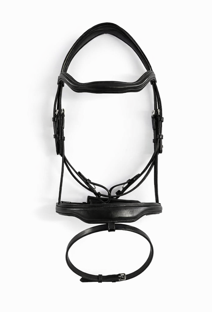 A black leather equestrian bridle with multiple straps and buckles on a white background.