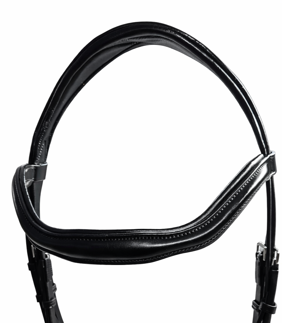 A close-up of a black leather horse bridle with metal buckles and details.