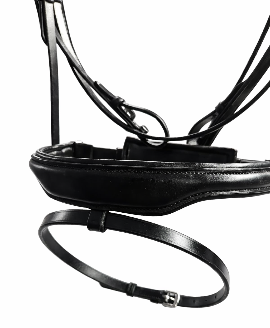 A close-up view of a black leather harness with metal buckles and straps.