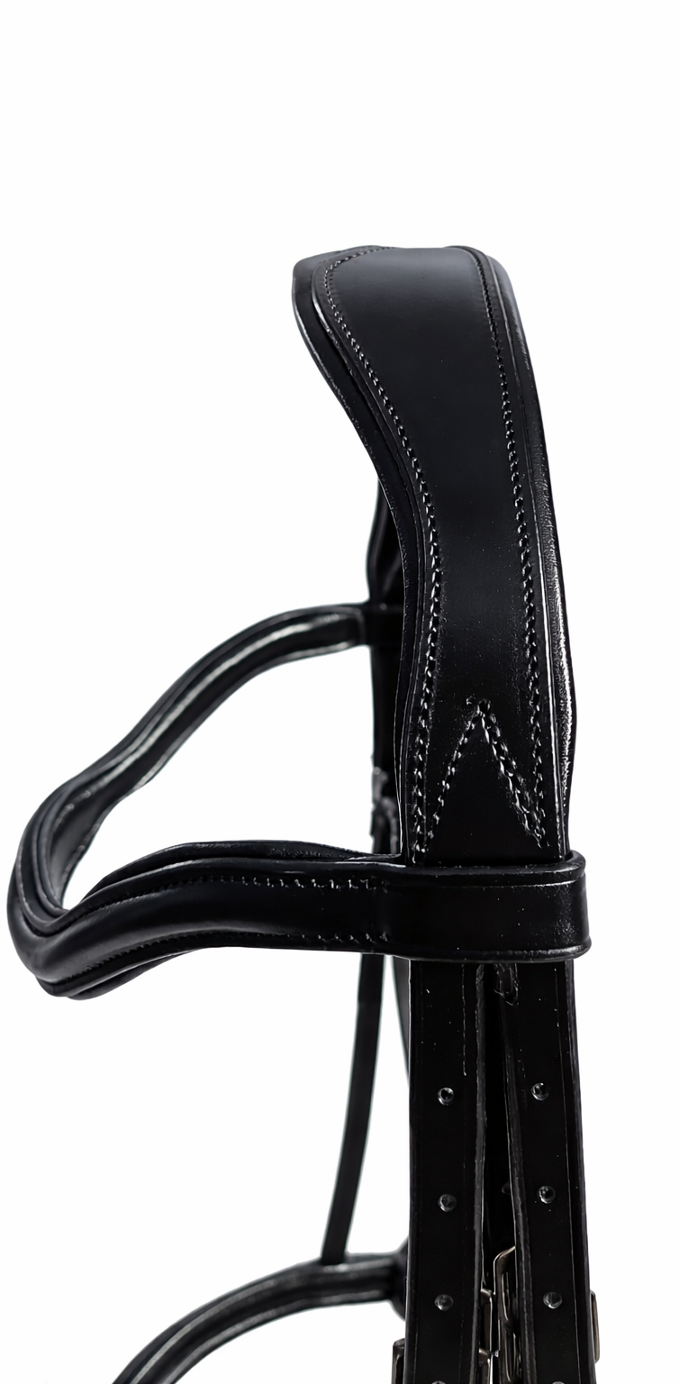 Close-up side view of a black leather object with visible stitching and metal components.