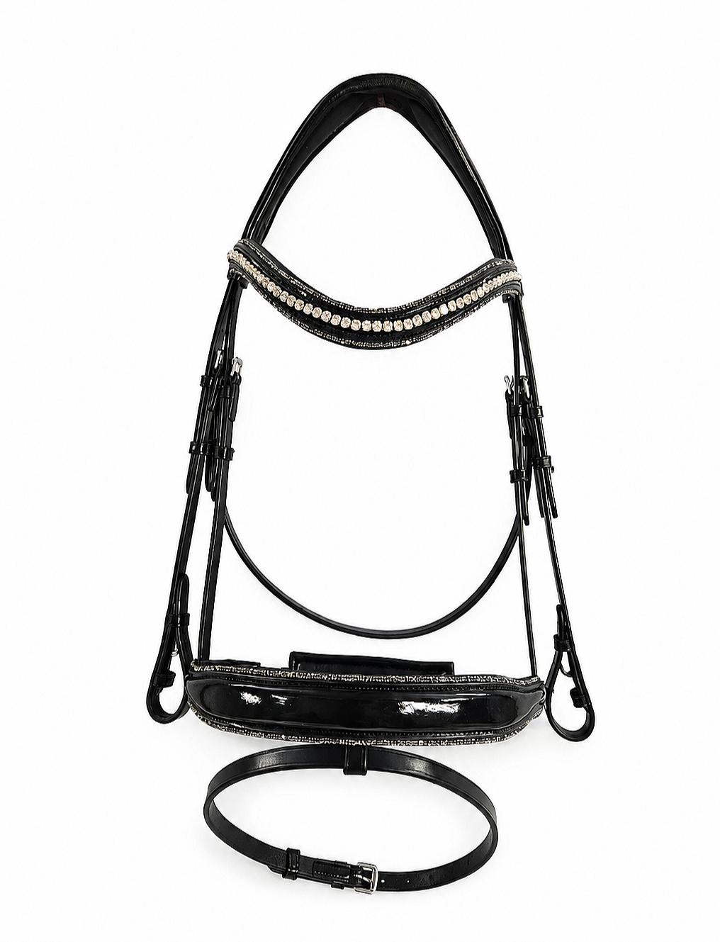 A black horse riding bridle with rhinestone accents, including a headstall, noseband, cheekpieces, and a matching black leather reins.