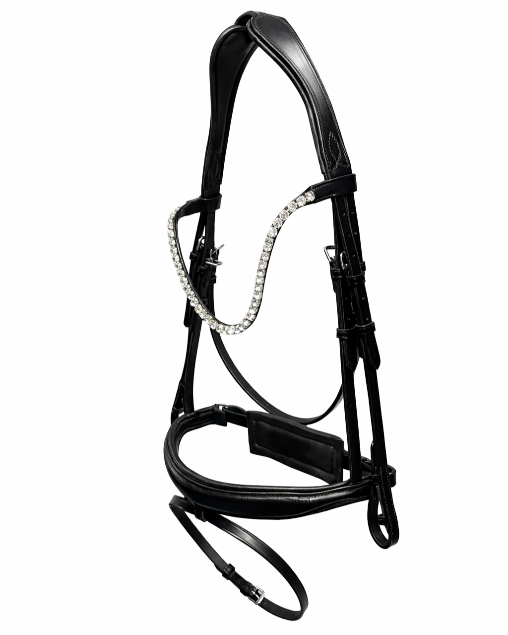 A black horse halter with clear crystal accents on the browband, isolated on a white background.