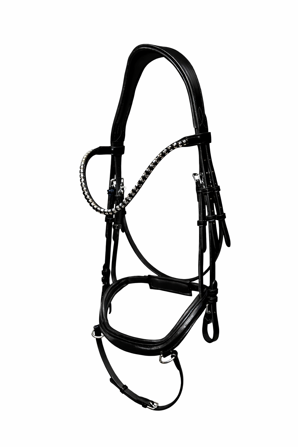 Black horse bridle with decorative black crystals on the browband, isolated on a white background.