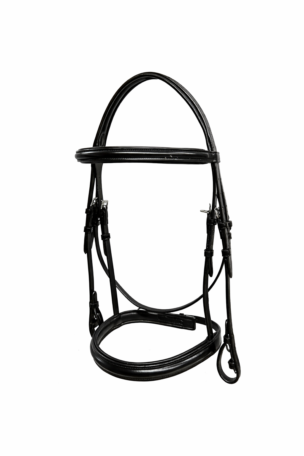 Black horse bridle with reins and bit on a white background.