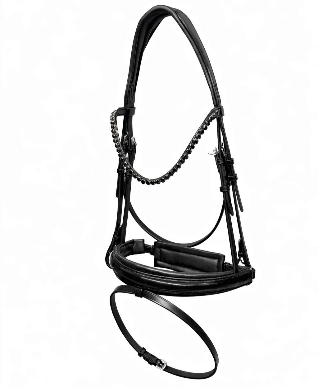 A black riding halter with decorative crystal chain and patent leather noseband, displayed against a white background.