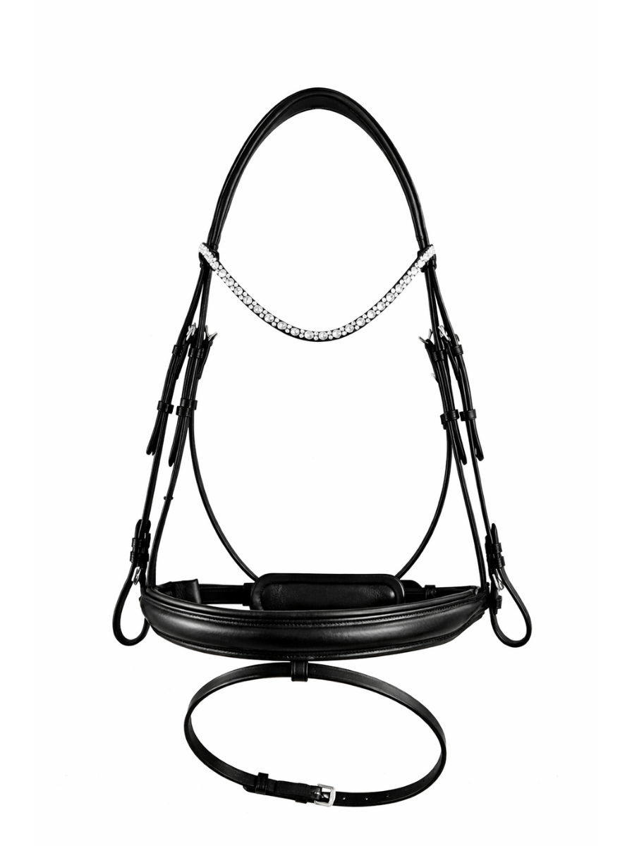 front view of a anatomical black leather bridle 
