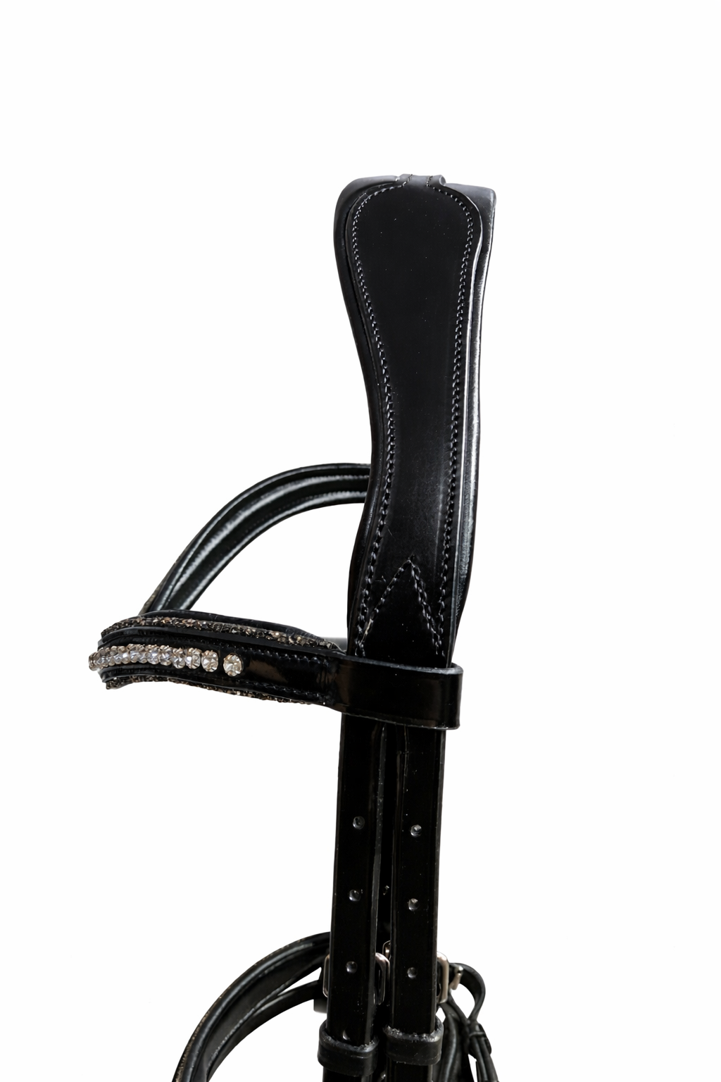 A black leather riding crop with a decorated handle, isolated on a white background.
