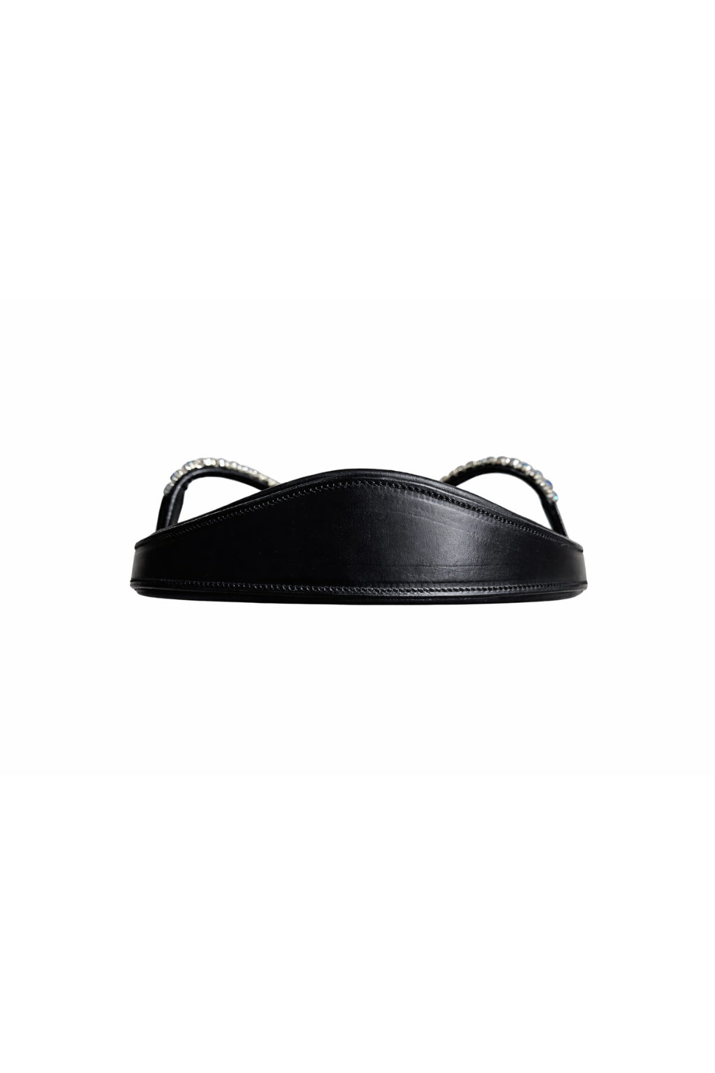 top detail of black anatomical bridle headpiece with curved padding

