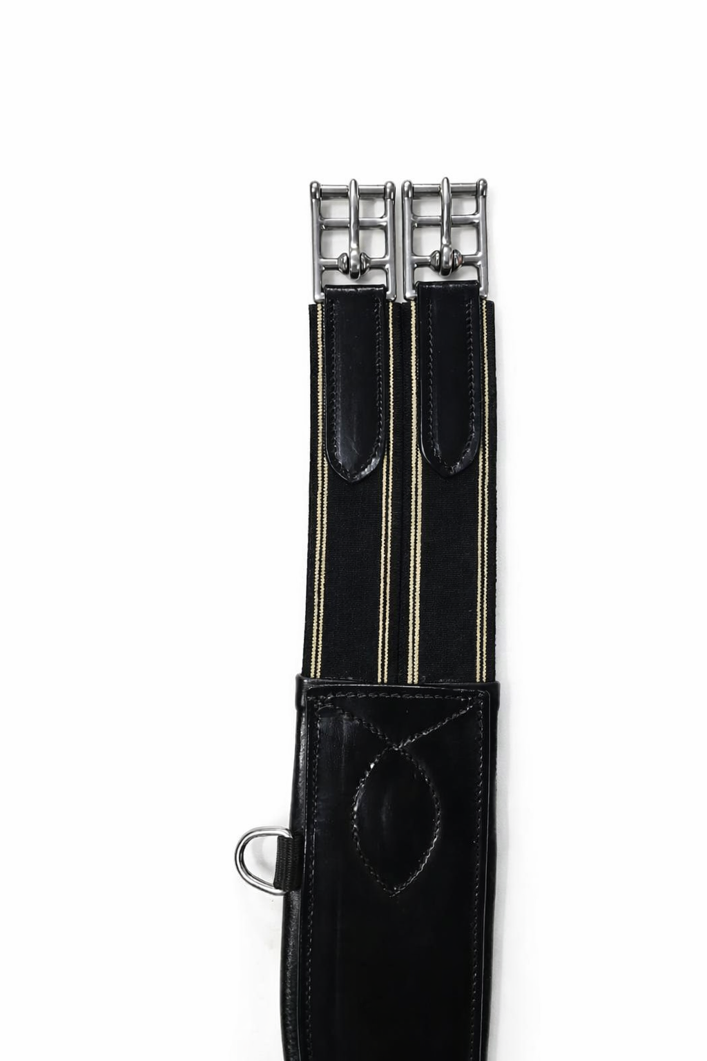 A black and gold striped guitar strap with leather ends and metal hooks.