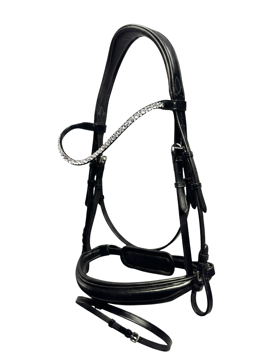 Black leather horse bridle with a decorative crystal browband , isolated against a white background.