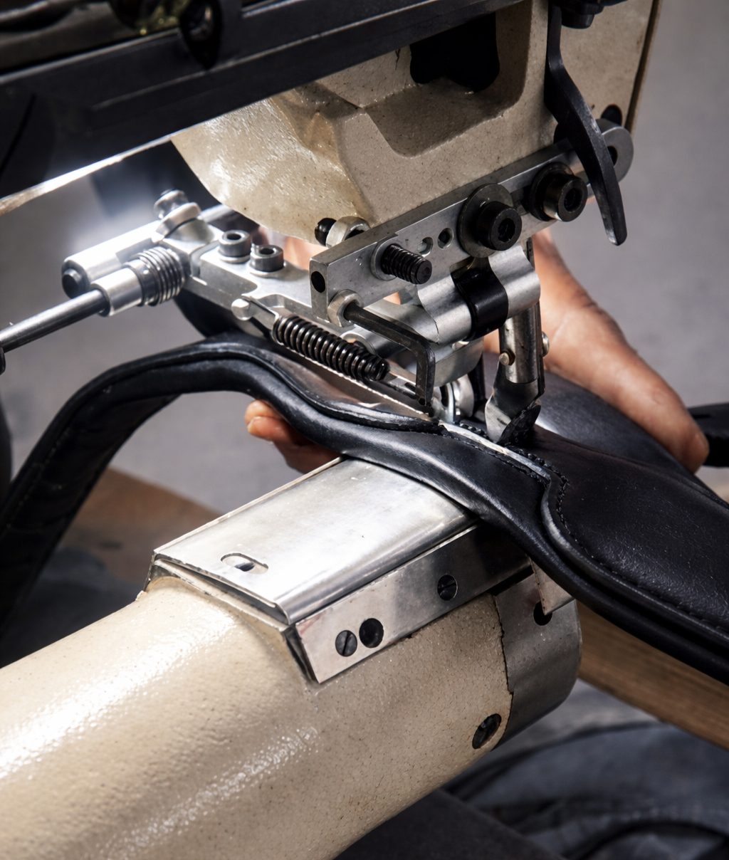 Close-up view of a manufacturing machine stitching black leather on a piece of black leather headpiece.