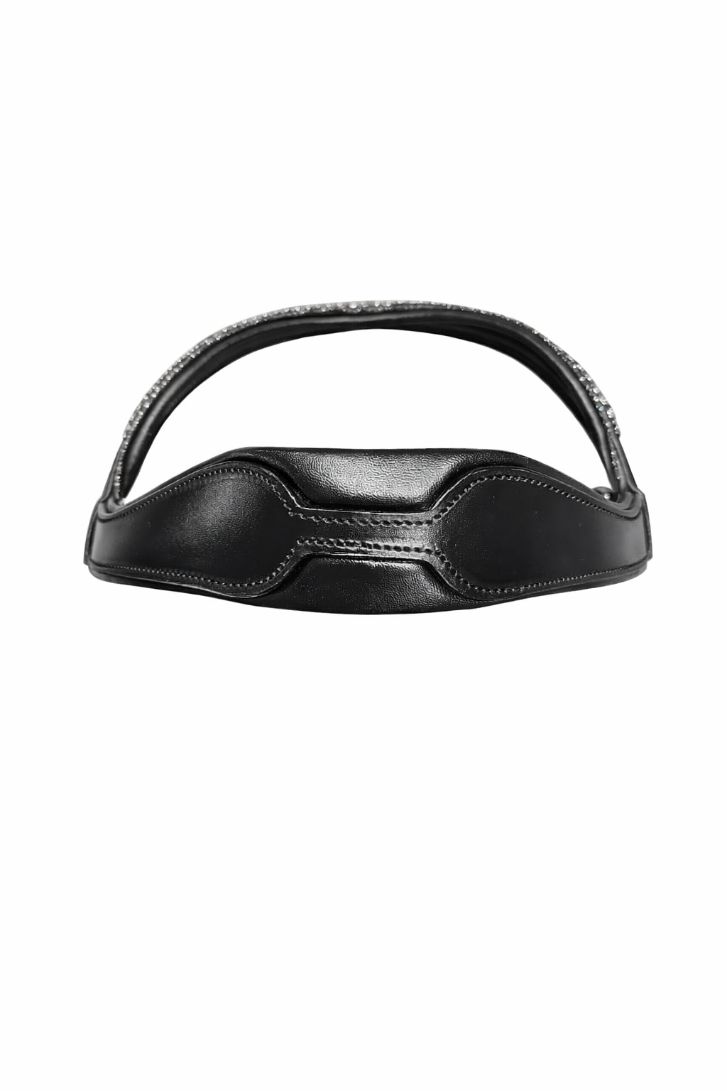 Black leather headband with decorative stitching and a padded front, isolated on a white background.