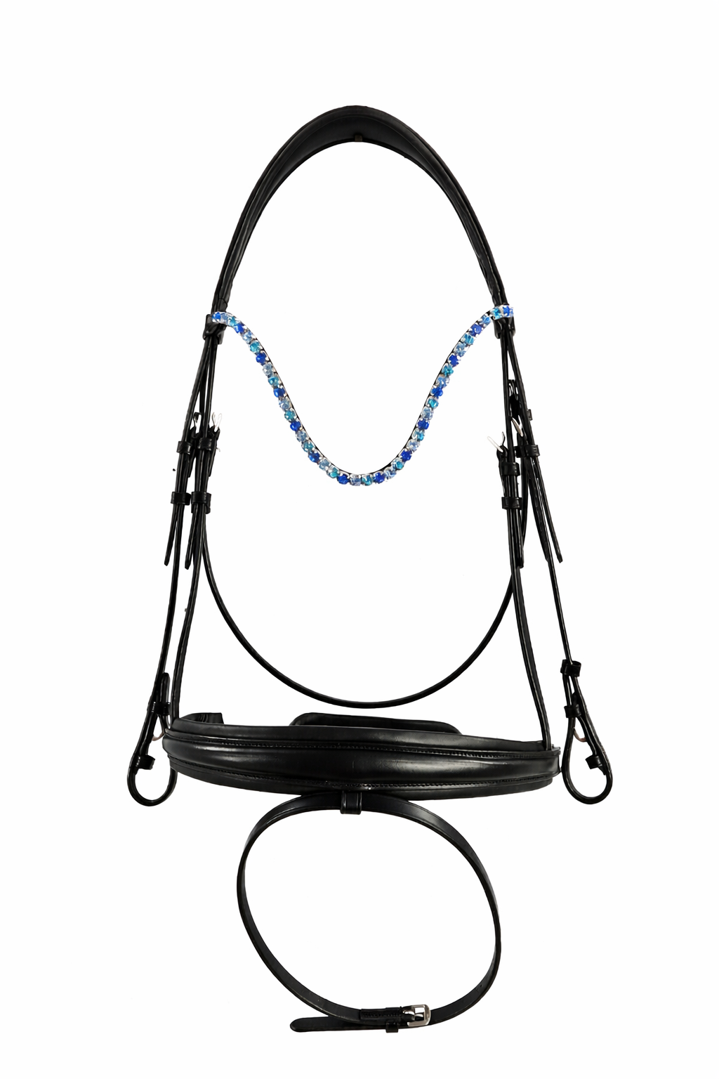 Black anatomical bridle with blue crystal browband
