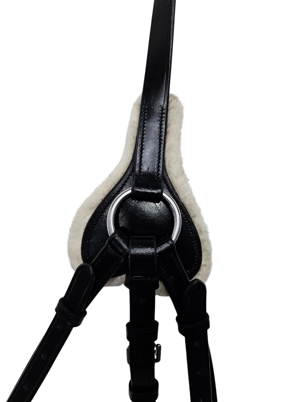 Close-up of the center section of a black leather breastplate with ring attachment and white padding, shown from the back.