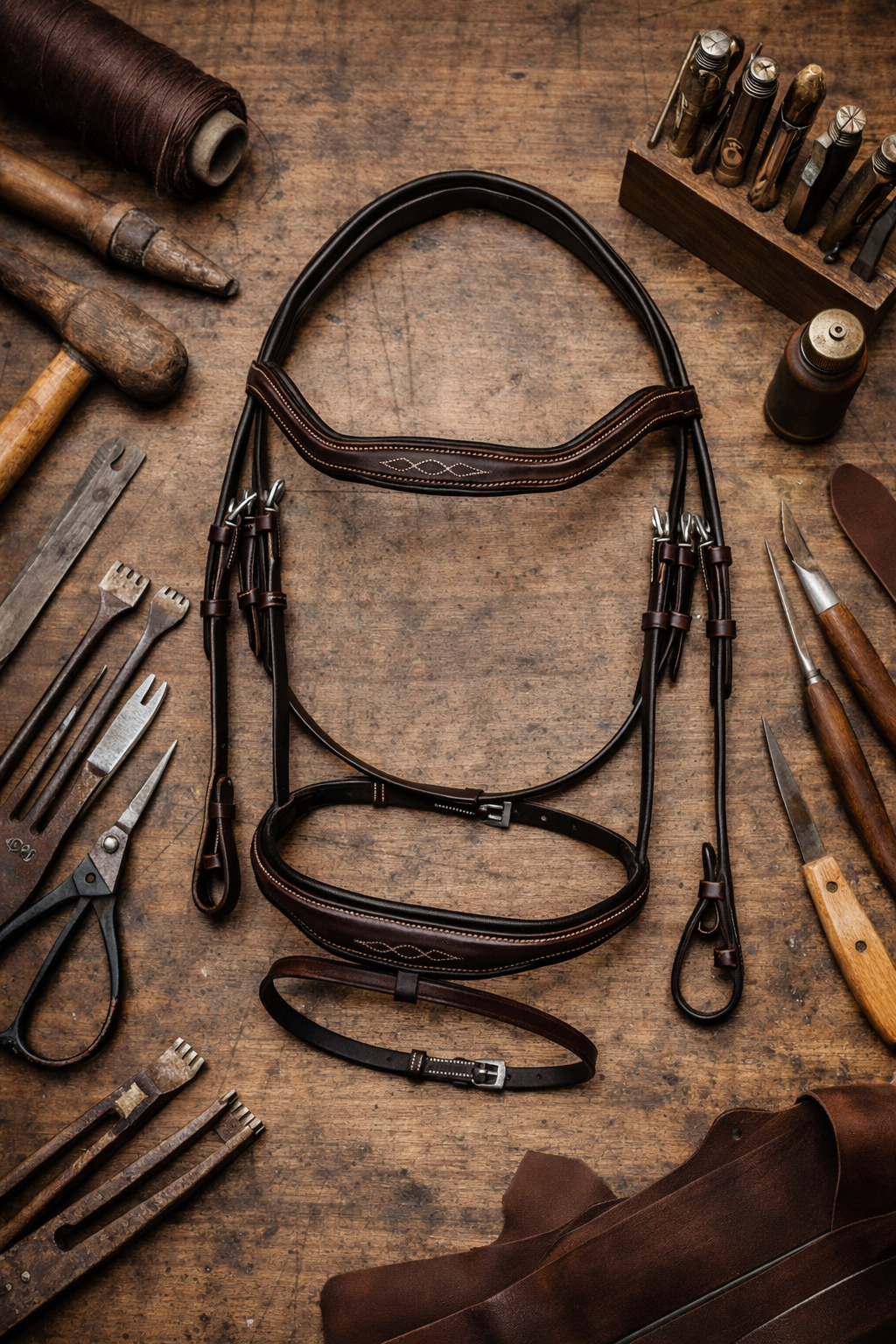 Leather tack arranged on a workbench with tools