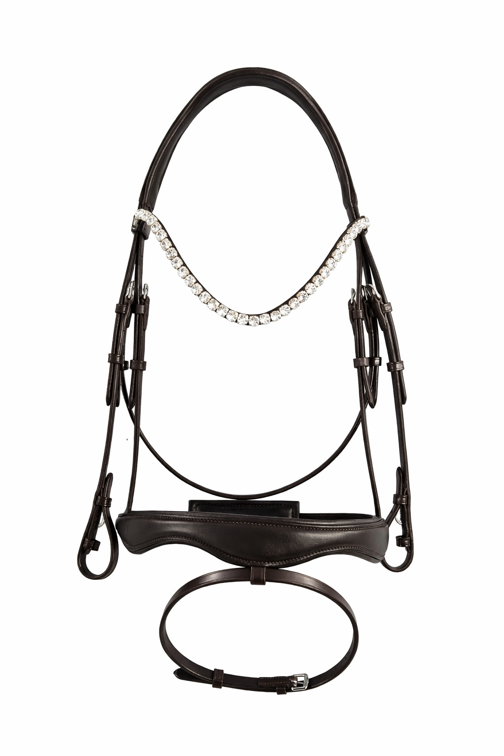front view of a anatomical brown leather bridle 