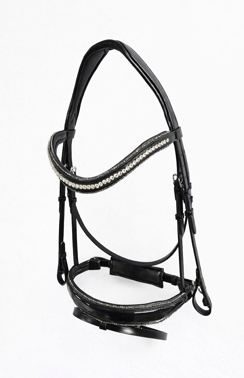 Black horse halter with rhinestone embellishments on the noseband and crown.