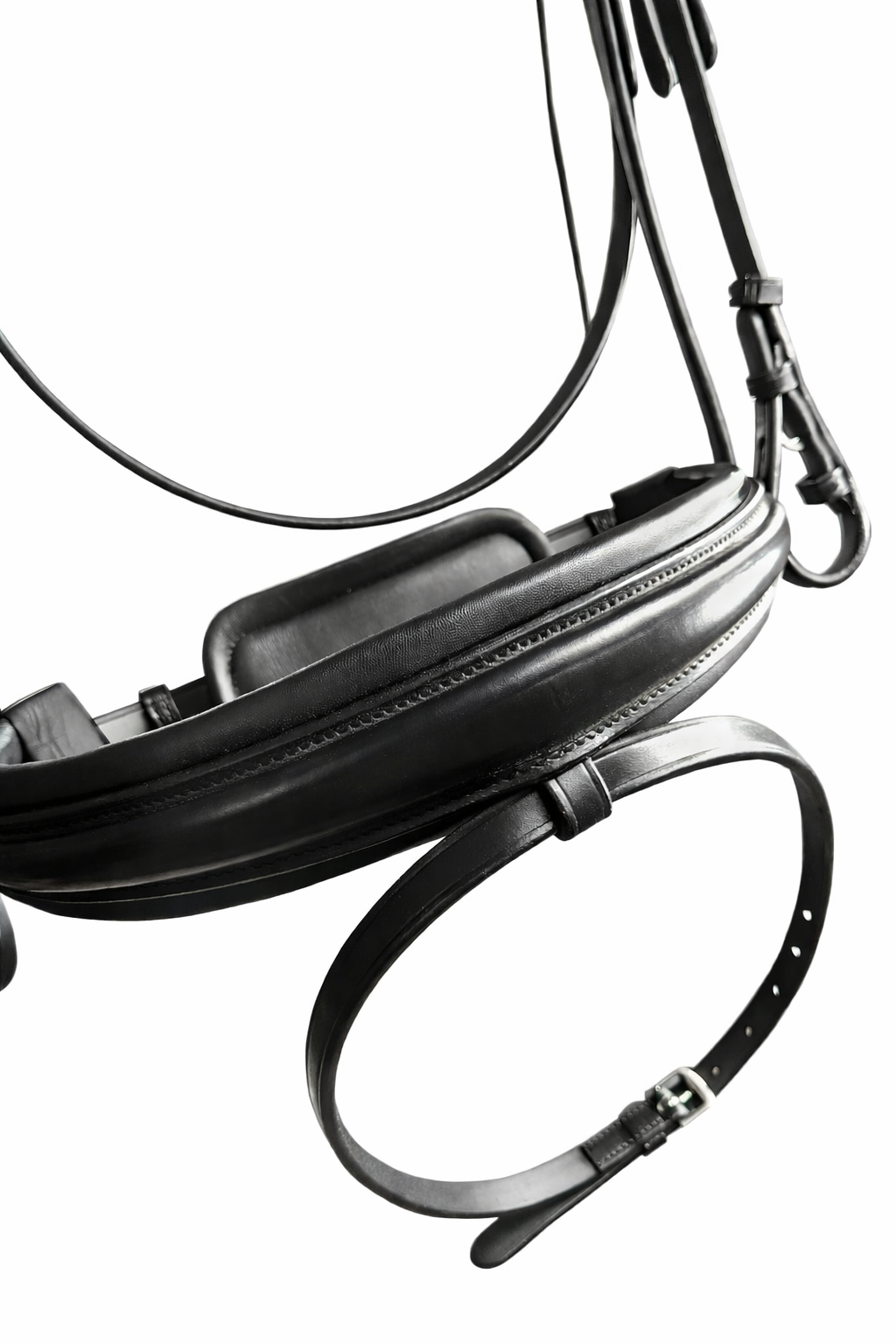 Black leather bridle noseband with soft padding and stainless steel hardware
