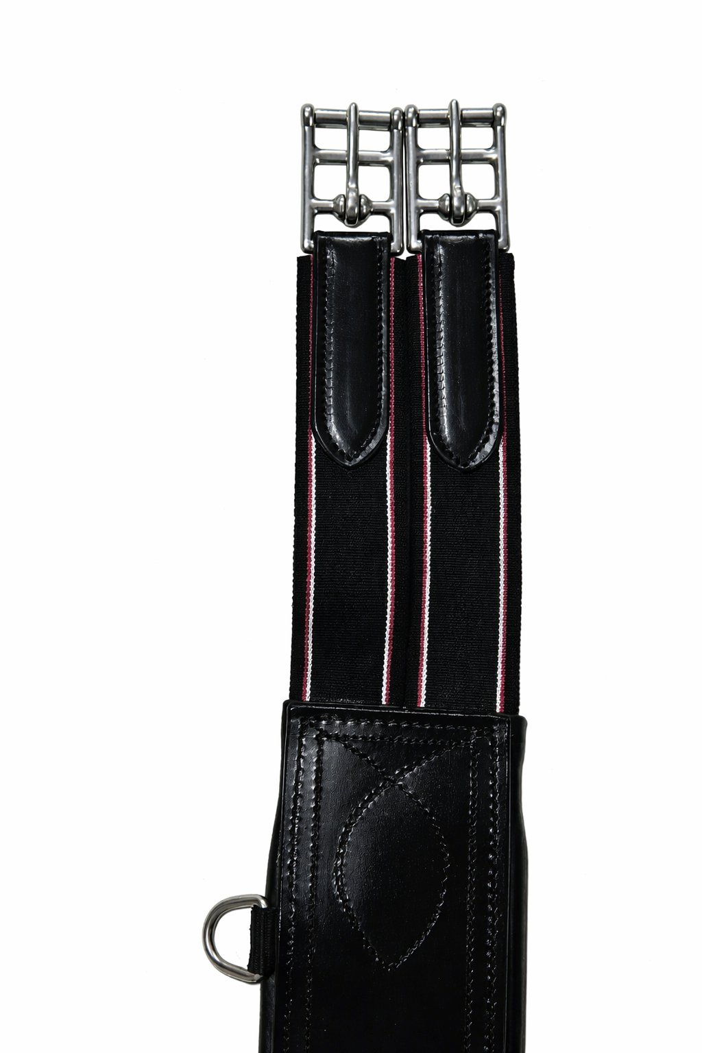 Close-up of a black leather belt with metal buckle and fabric strap, isolated on white background.