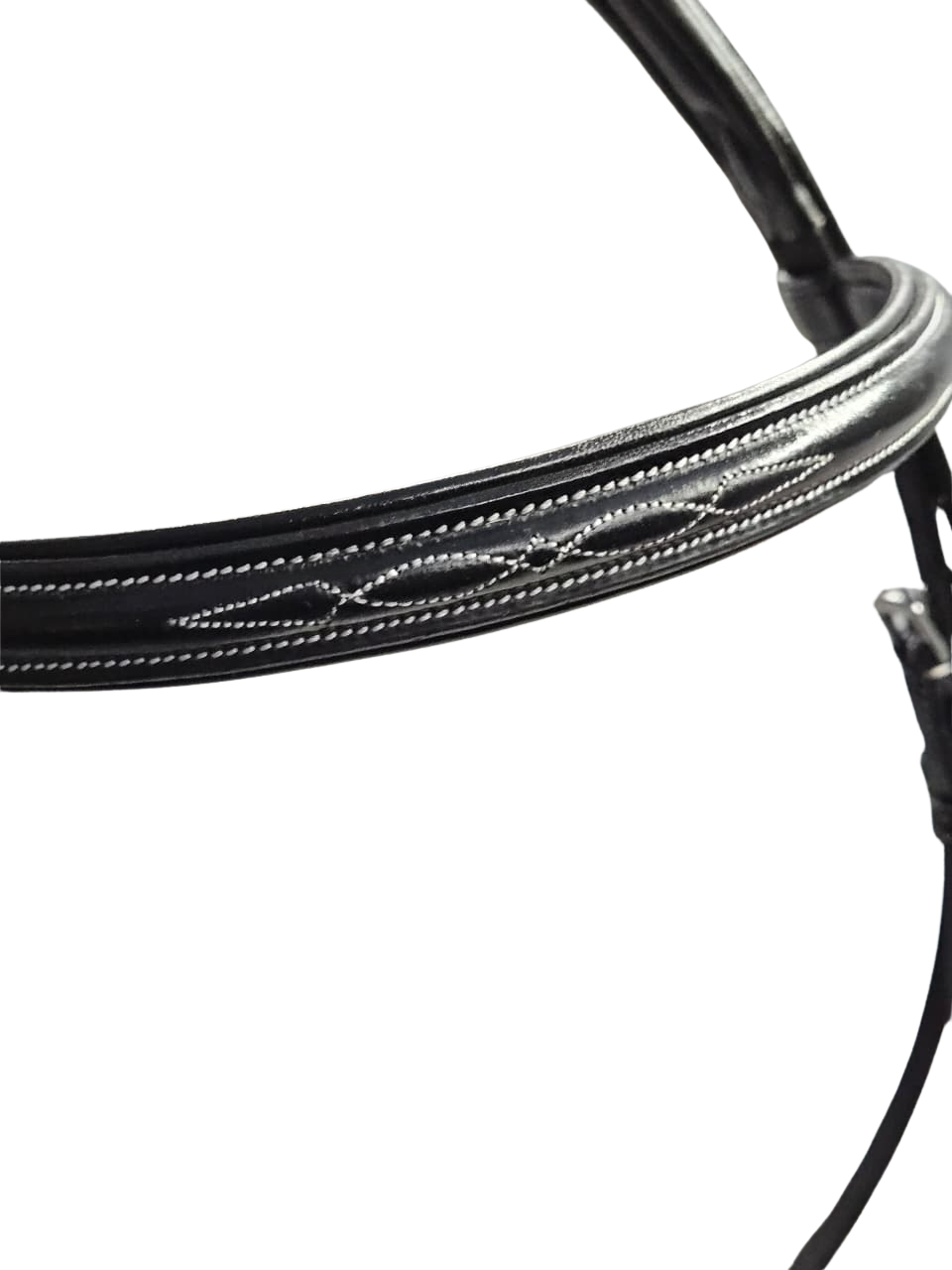 Close-up of black bridle browband with fancy stitching