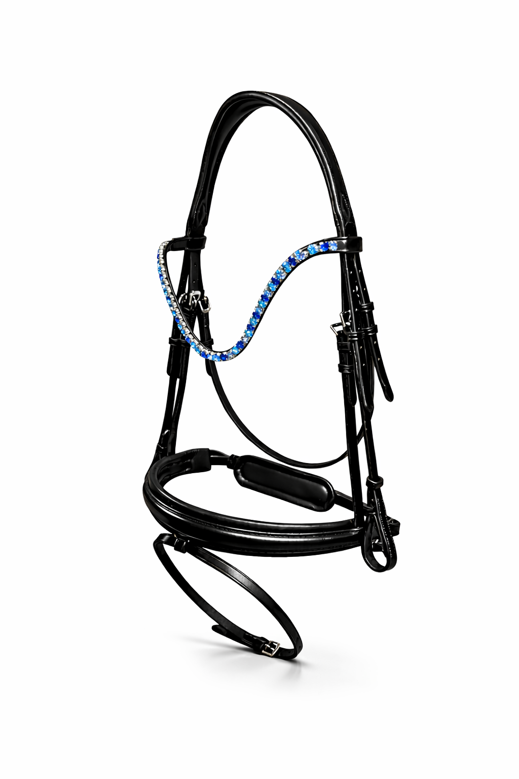 A black horse bridle decorated with blue rhinestones, isolated on a white background.