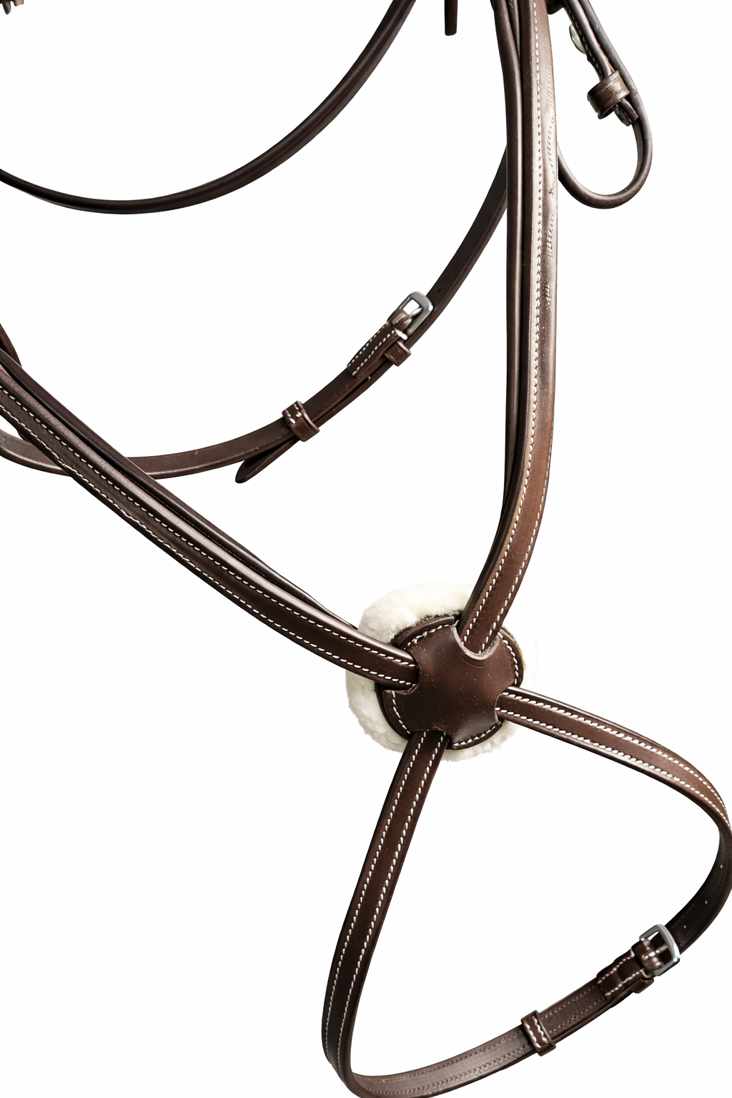 Close-up of brown figure 8 bridle noseband with contrast stitching

