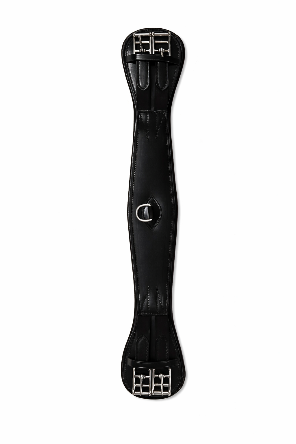 Black leather horse girth with metal buckles and a D-ring.