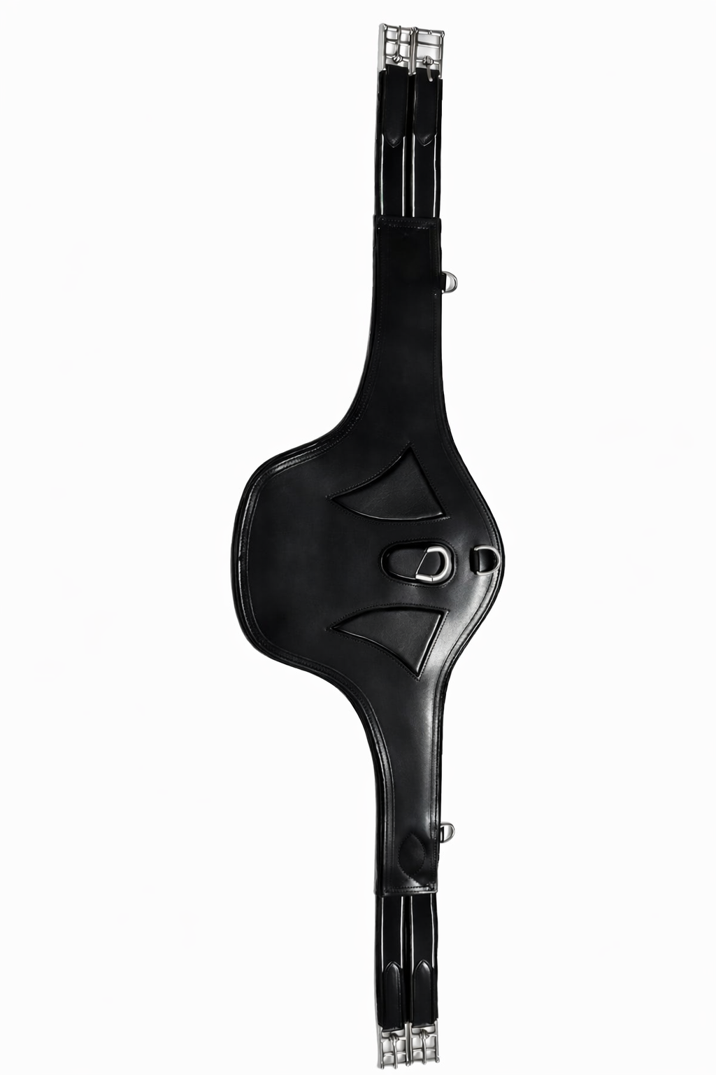 Black leather strap with metal hardware, padded sections, and adjustable buckle, likely a horse riding harness or strap.