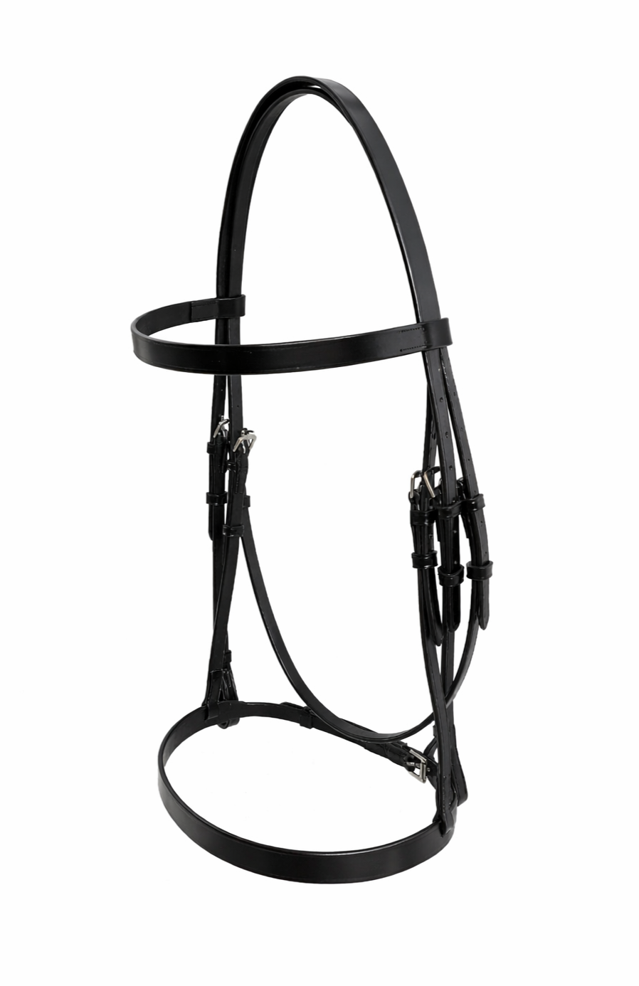 A black leather horse halter with metal buckles and rings, used for leading or tying up a horse.