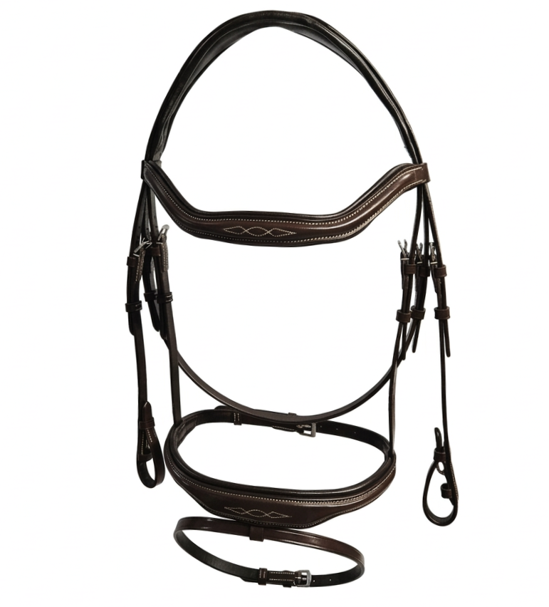 A black leather horse bridle with decorative fancy stitching, including a browband, cheek pieces, and a strap for the nose, set against a white background.