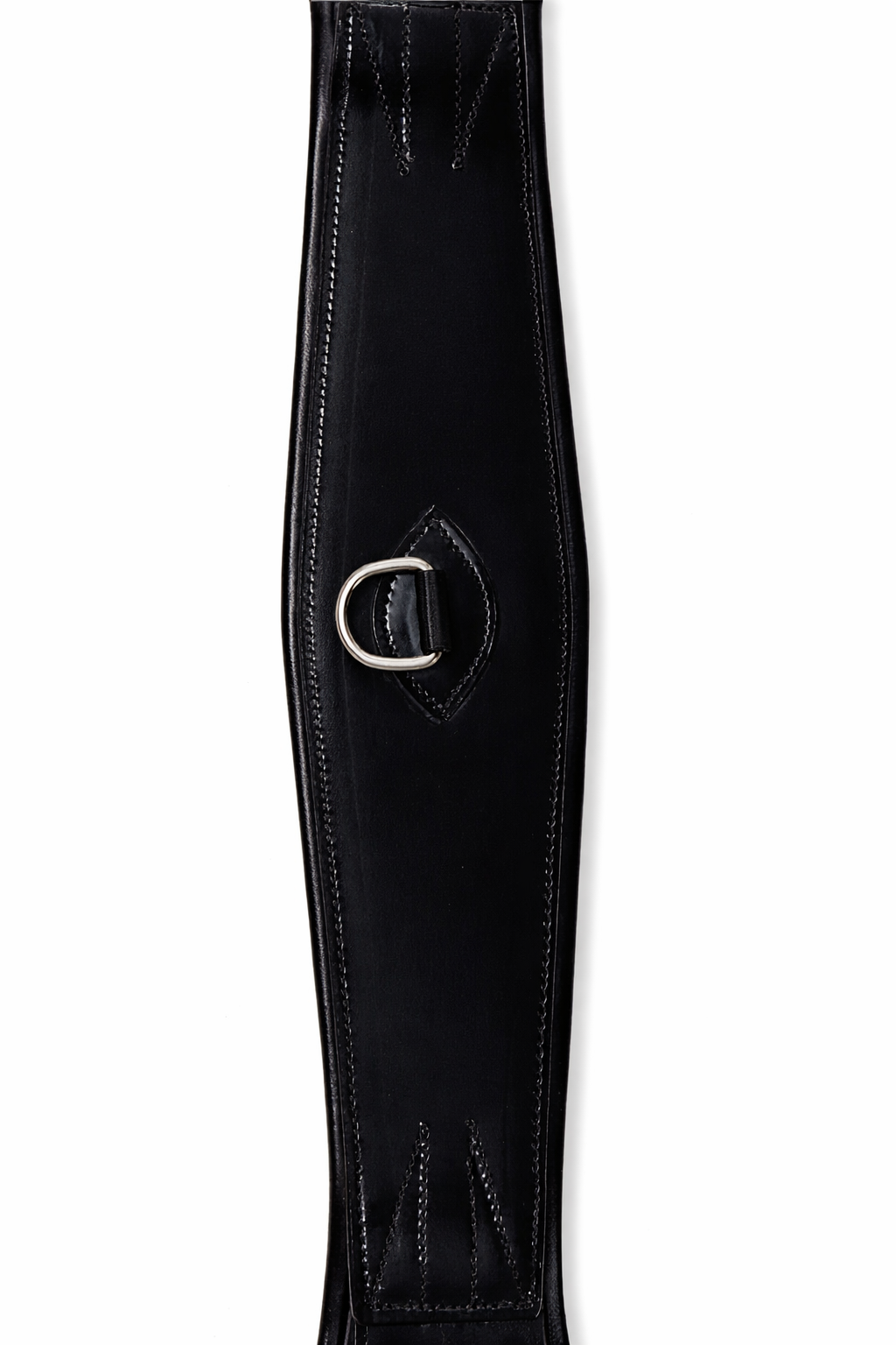 A black leather belt with a silver metal D-ring buckle on a white background.