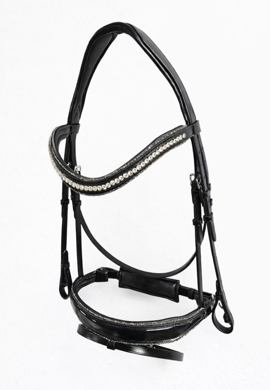 Black horse bridle with rhinestone embellishments on a plain white background.
