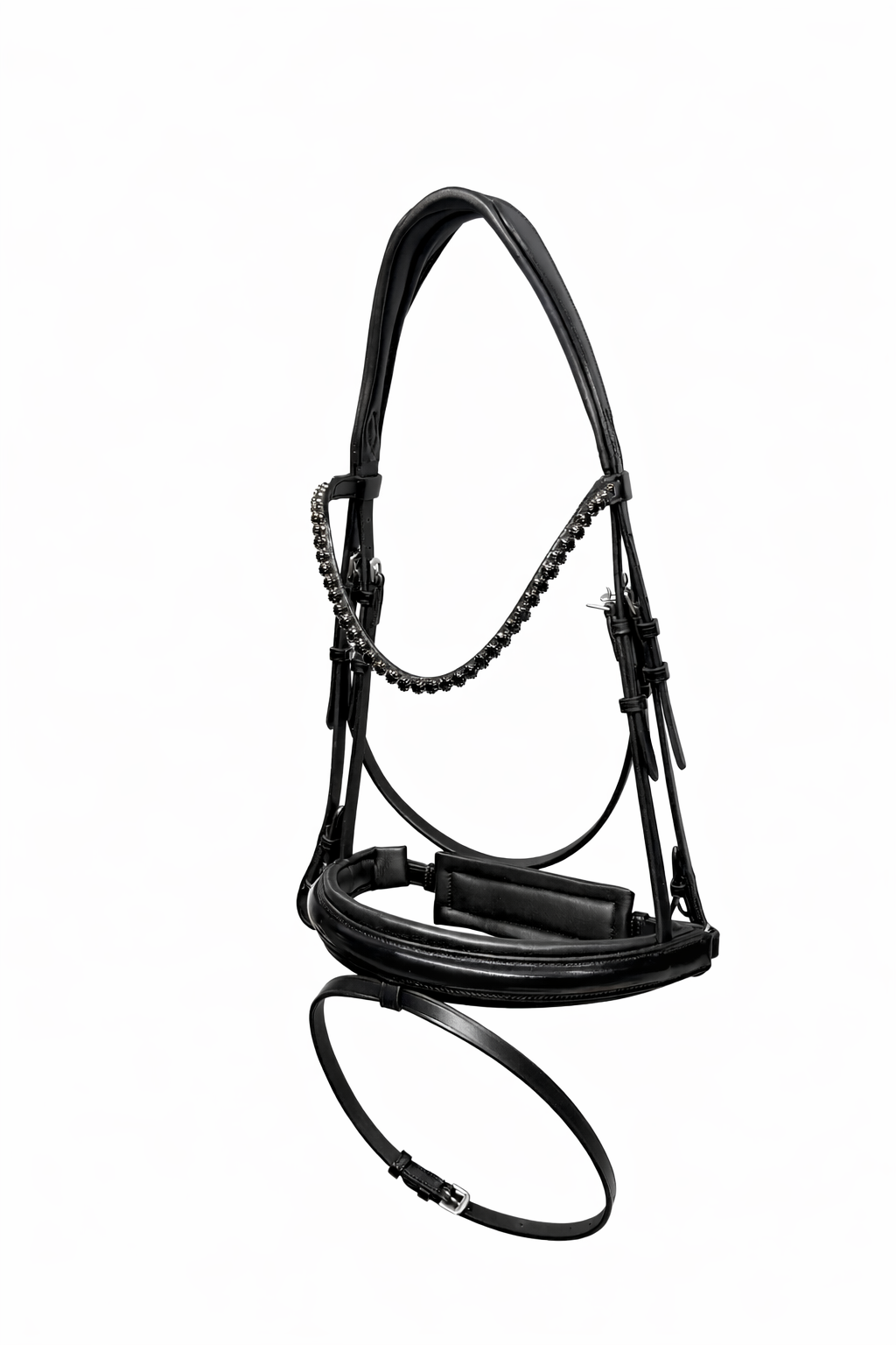 Black horse riding bridle with decorative white crystal chain, patent padded noseband, displayed against a white background.