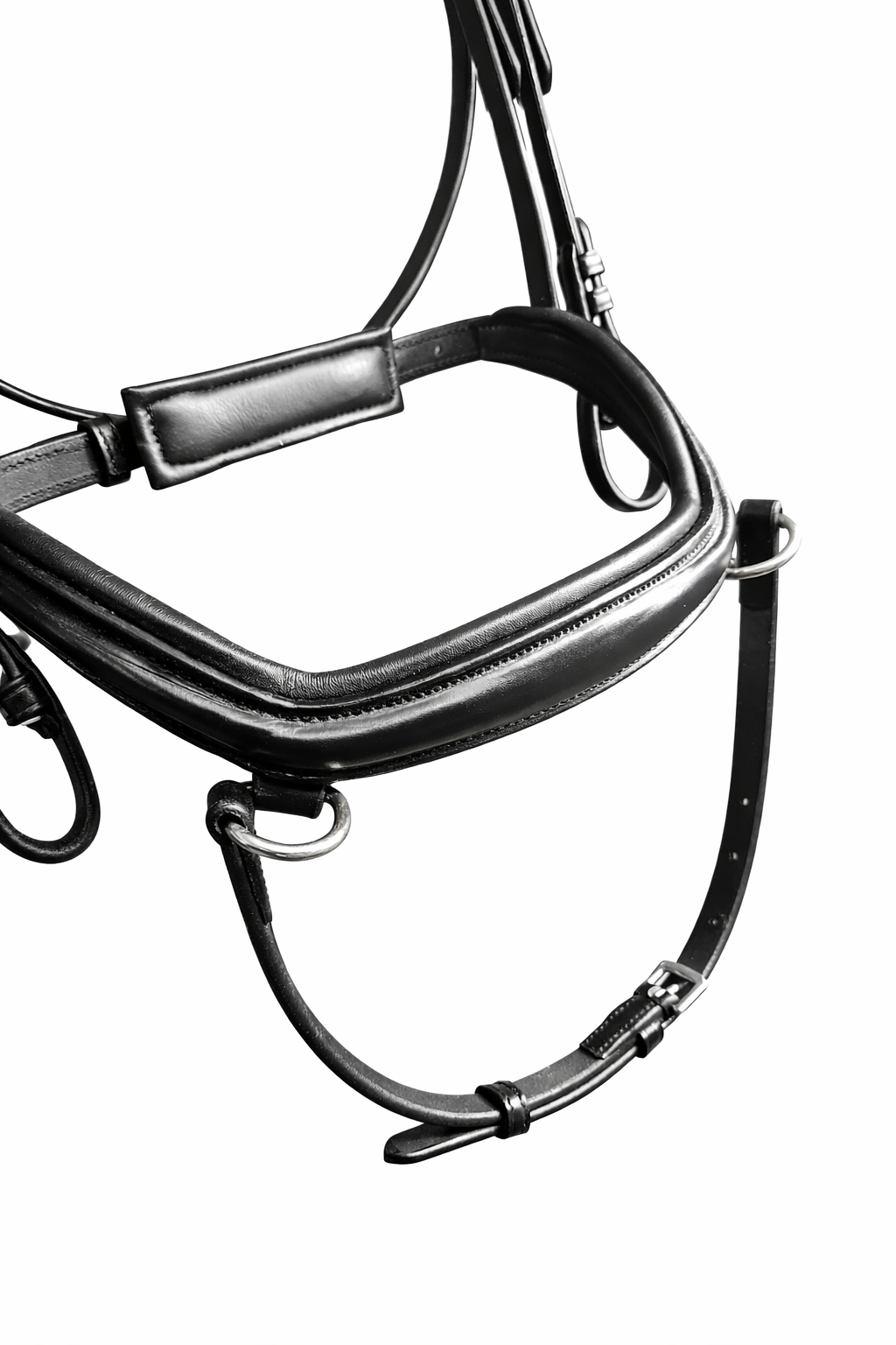 Close-up of a black leather horse bridle noseband