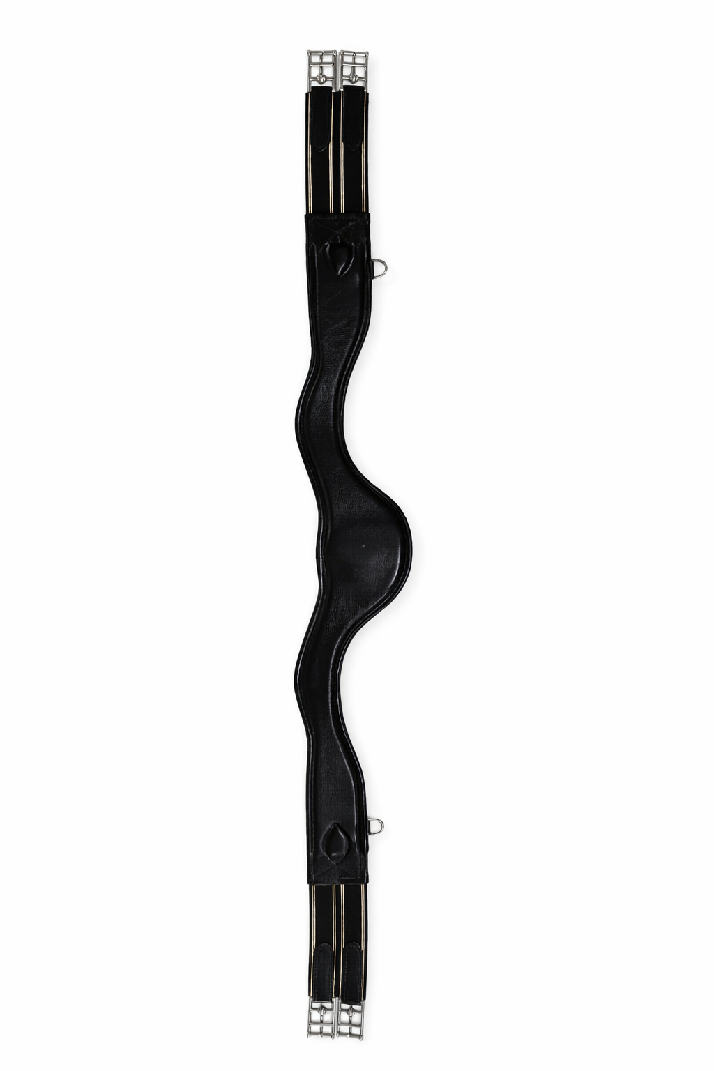 A black leather belt with metal clasps and a wavy design, laid flat against a white background.