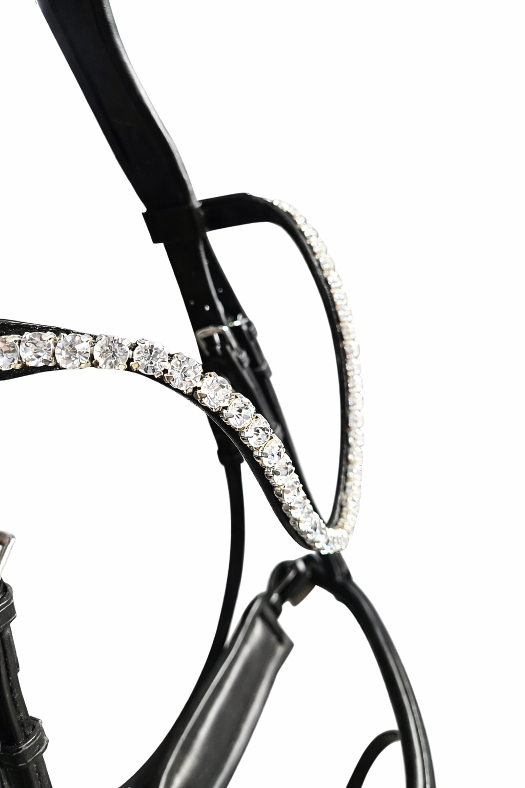 Close-up of black anatomical bridle browband with white crystals