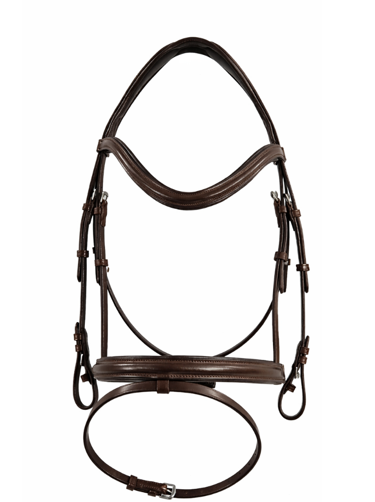 front view of a anatomical brown leather bridle 